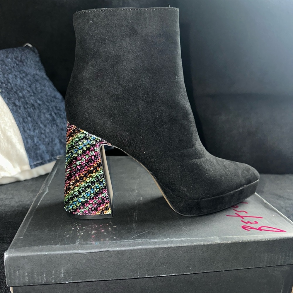 Betsey Johnson Black Suede Boots with Colorful Heel